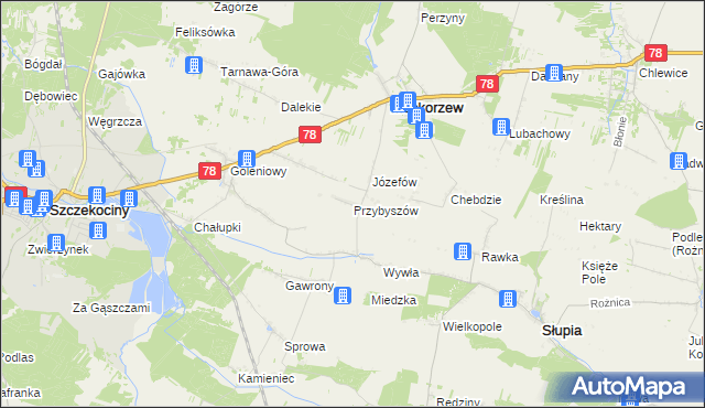 mapa Przybyszów gmina Moskorzew, Przybyszów gmina Moskorzew na mapie Targeo