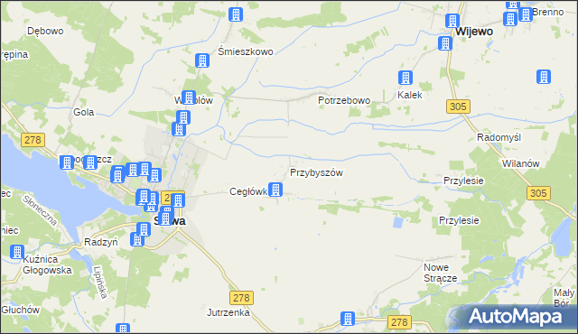 mapa Przybyszów gmina Sława, Przybyszów gmina Sława na mapie Targeo