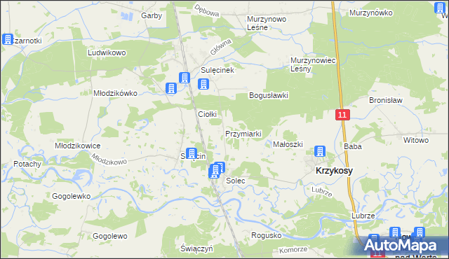 mapa Przymiarki gmina Krzykosy, Przymiarki gmina Krzykosy na mapie Targeo