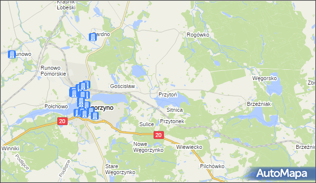 mapa Przytoń gmina Węgorzyno, Przytoń gmina Węgorzyno na mapie Targeo