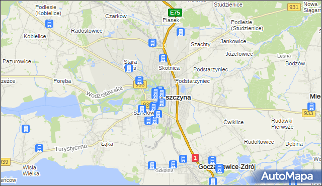 mapa Pszczyny, Pszczyna na mapie Targeo