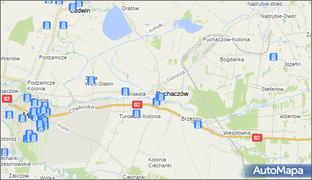 mapa Puchaczów powiat łęczyński, Puchaczów powiat łęczyński na mapie Targeo