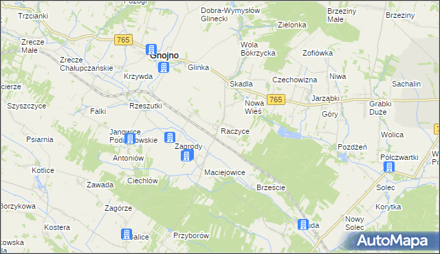 mapa Raczyce gmina Gnojno, Raczyce gmina Gnojno na mapie Targeo