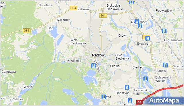 mapa Radłów powiat tarnowski, Radłów powiat tarnowski na mapie Targeo