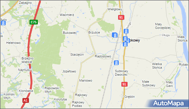 mapa Radostowo gmina Subkowy, Radostowo gmina Subkowy na mapie Targeo