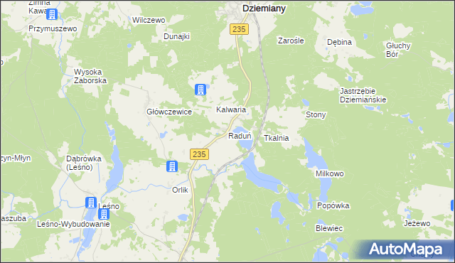 mapa Raduń gmina Dziemiany, Raduń gmina Dziemiany na mapie Targeo