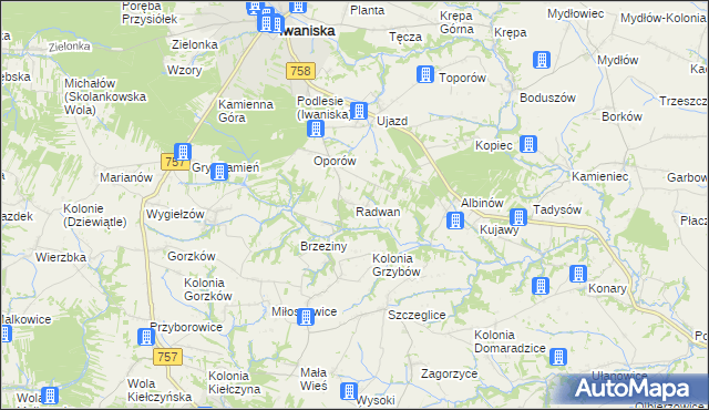 mapa Radwan gmina Iwaniska, Radwan gmina Iwaniska na mapie Targeo