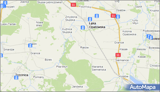 mapa Raków gmina Łęka Opatowska, Raków gmina Łęka Opatowska na mapie Targeo