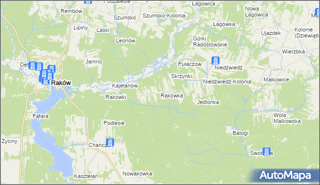 mapa Rakówka gmina Raków, Rakówka gmina Raków na mapie Targeo