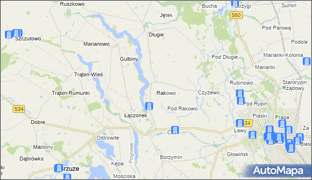 mapa Rakowo gmina Rypin, Rakowo gmina Rypin na mapie Targeo
