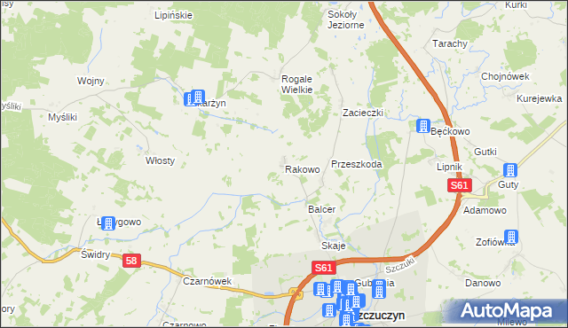 mapa Rakowo gmina Szczuczyn, Rakowo gmina Szczuczyn na mapie Targeo