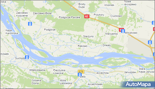 mapa Rakowo gmina Wyszogród, Rakowo gmina Wyszogród na mapie Targeo