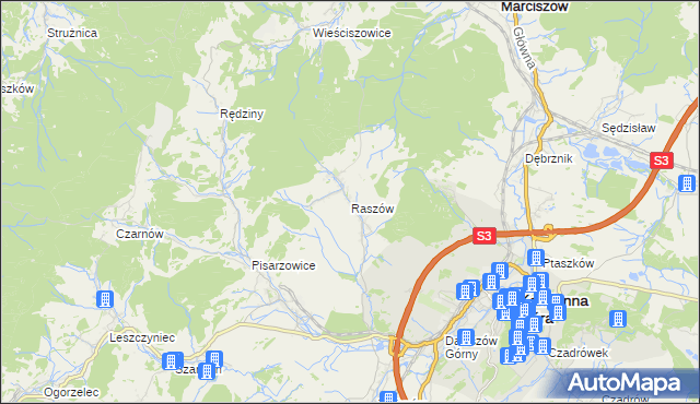 mapa Raszów gmina Kamienna Góra, Raszów gmina Kamienna Góra na mapie Targeo