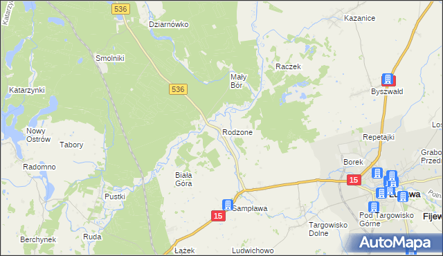 mapa Rodzone gmina Lubawa, Rodzone gmina Lubawa na mapie Targeo