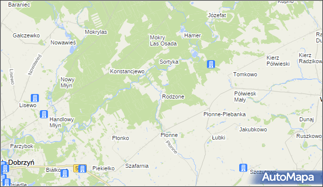 mapa Rodzone gmina Radomin, Rodzone gmina Radomin na mapie Targeo