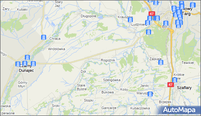 mapa Rogoźnik gmina Nowy Targ, Rogoźnik gmina Nowy Targ na mapie Targeo