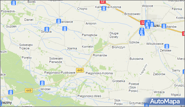 mapa Romanów gmina Błaszki, Romanów gmina Błaszki na mapie Targeo