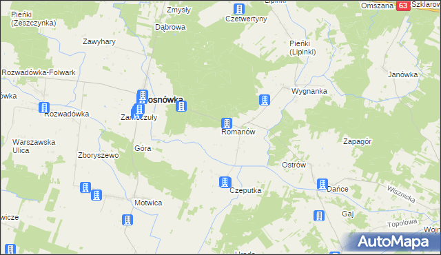 mapa Romanów gmina Sosnówka, Romanów gmina Sosnówka na mapie Targeo