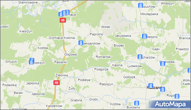 mapa Romanów gmina Wyśmierzyce, Romanów gmina Wyśmierzyce na mapie Targeo