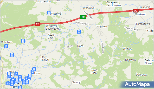 mapa Róża gmina Nowy Tomyśl, Róża gmina Nowy Tomyśl na mapie Targeo