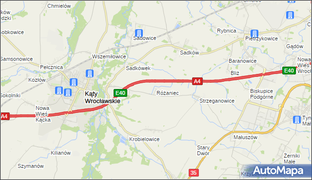 mapa Różaniec gmina Kąty Wrocławskie, Różaniec gmina Kąty Wrocławskie na mapie Targeo