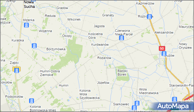 mapa Różanów gmina Wiskitki, Różanów gmina Wiskitki na mapie Targeo