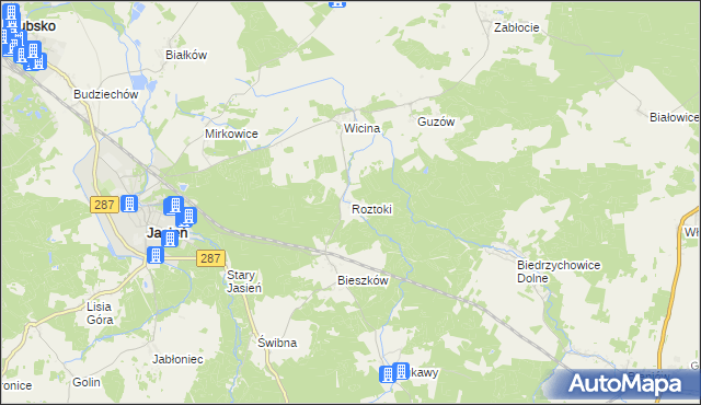 mapa Roztoki gmina Jasień, Roztoki gmina Jasień na mapie Targeo