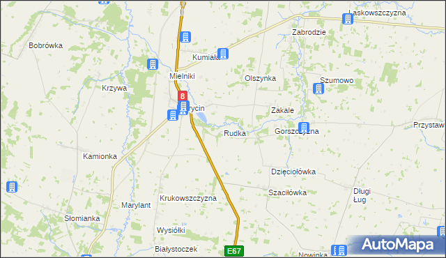 mapa Rudka gmina Korycin, Rudka gmina Korycin na mapie Targeo