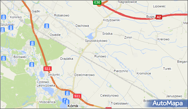 mapa Runowo gmina Kórnik, Runowo gmina Kórnik na mapie Targeo