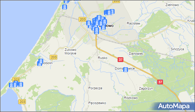 mapa Rusko gmina Darłowo, Rusko gmina Darłowo na mapie Targeo