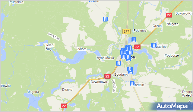 mapa Rybakówka gmina Człopa, Rybakówka gmina Człopa na mapie Targeo