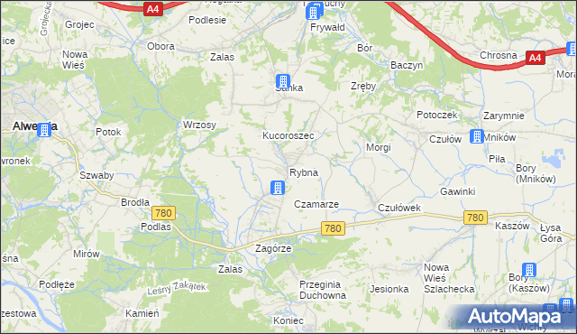 mapa Rybna gmina Czernichów, Rybna gmina Czernichów na mapie Targeo