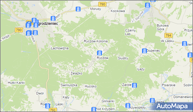 mapa Ryczów gmina Ogrodzieniec, Ryczów gmina Ogrodzieniec na mapie Targeo