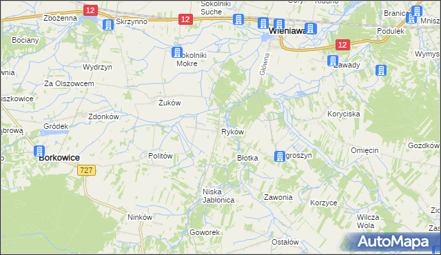 mapa Ryków gmina Wieniawa, Ryków gmina Wieniawa na mapie Targeo