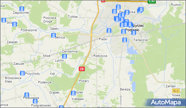 mapa Rzeczyca gmina Międzyrzec Podlaski, Rzeczyca gmina Międzyrzec Podlaski na mapie Targeo