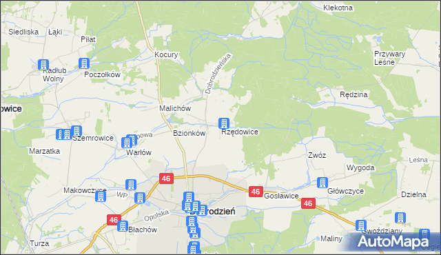 mapa Rzędowice gmina Dobrodzień, Rzędowice gmina Dobrodzień na mapie Targeo