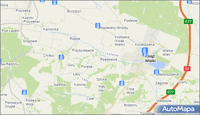 mapa Rzędowice gmina Książ Wielki, Rzędowice gmina Książ Wielki na mapie Targeo