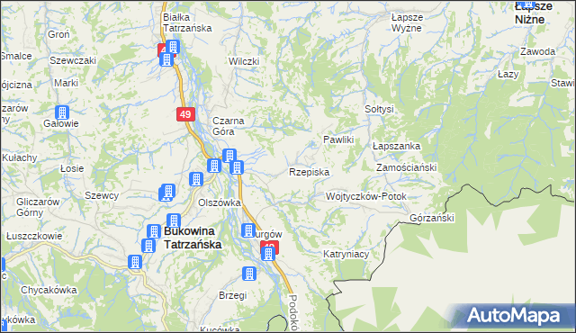 mapa Rzepiska gmina Bukowina Tatrzańska, Rzepiska gmina Bukowina Tatrzańska na mapie Targeo