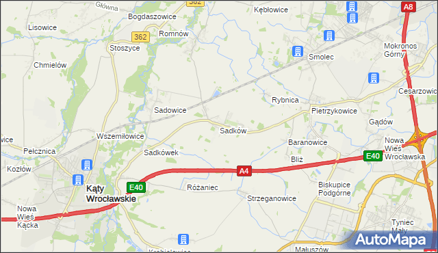 mapa Sadków gmina Kąty Wrocławskie, Sadków gmina Kąty Wrocławskie na mapie Targeo