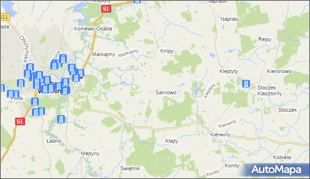 mapa Sarnowo gmina Lidzbark Warmiński, Sarnowo gmina Lidzbark Warmiński na mapie Targeo