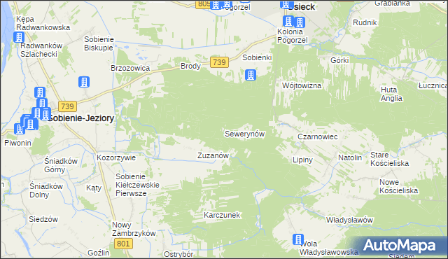 mapa Sewerynów gmina Sobienie-Jeziory, Sewerynów gmina Sobienie-Jeziory na mapie Targeo