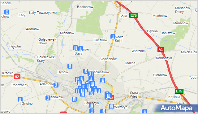 mapa Sieciechów gmina Kutno, Sieciechów gmina Kutno na mapie Targeo