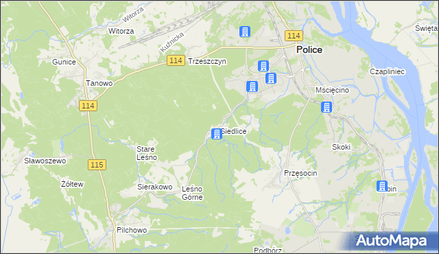 mapa Siedlice gmina Police, Siedlice gmina Police na mapie Targeo