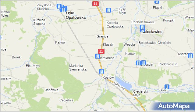 mapa Siemianice gmina Łęka Opatowska, Siemianice gmina Łęka Opatowska na mapie Targeo