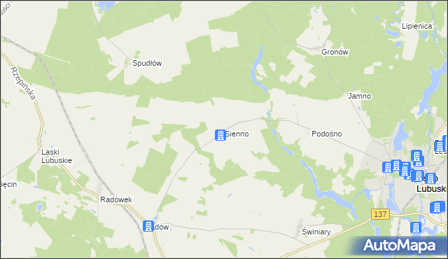 mapa Sienno gmina Ośno Lubuskie, Sienno gmina Ośno Lubuskie na mapie Targeo