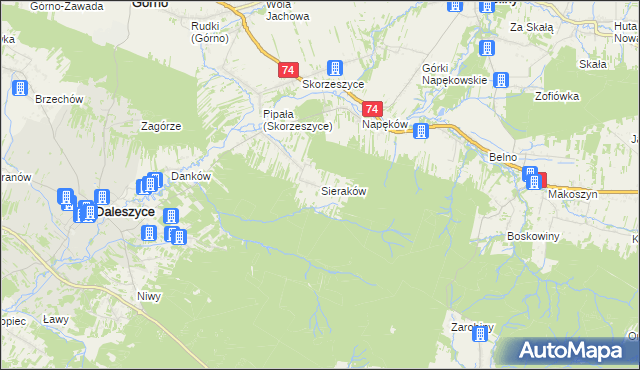 mapa Sieraków gmina Daleszyce, Sieraków gmina Daleszyce na mapie Targeo