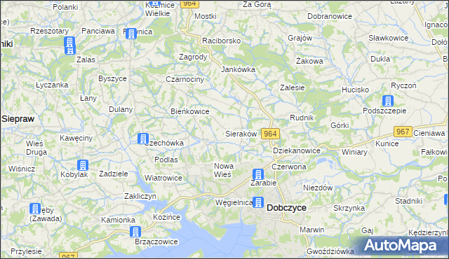 mapa Sieraków gmina Dobczyce, Sieraków gmina Dobczyce na mapie Targeo