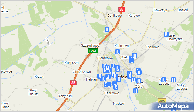 mapa Sierakowo gmina Kościan, Sierakowo gmina Kościan na mapie Targeo