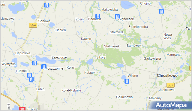 mapa Sikórz gmina Chrostkowo, Sikórz gmina Chrostkowo na mapie Targeo