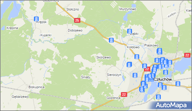 mapa Skórzewo gmina Człuchów, Skórzewo gmina Człuchów na mapie Targeo